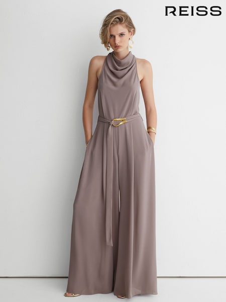 Taupe - Atelier Cowl-neck Belted Wide-leg Jumpsuit