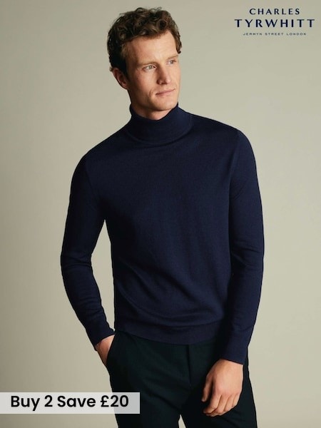 Blue - Regular Charles Tyrwhitt Pure Merino Roll Neck Jumper