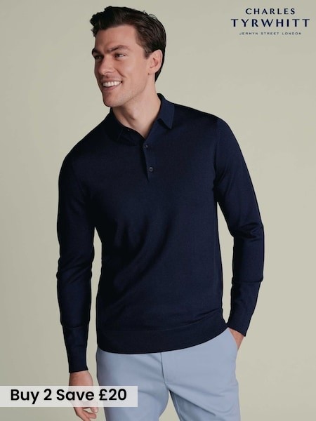 Blue - Regular Charles Tyrwhitt Pure Merino Polo Neck Jumper