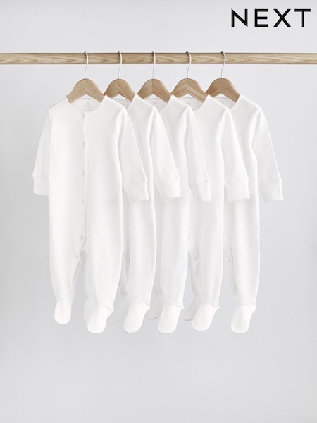 White 5 Pack 100% Cotton Baby Sleepsuits (0-18mths) (313370) | £17 - £19