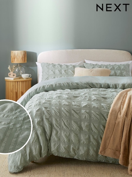Sage Green Seersucker Supersoft Textured Duvet Cover and Pillowcase Set (313631) | £25 - £55