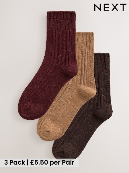 Chocolate Brown Tonal - Thermal Wool Blend Cable Knit Ankle Socks 3 Pack