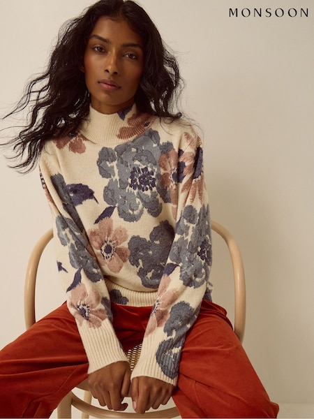 Cream - Monsoon Olive High Neck Floral Jumper