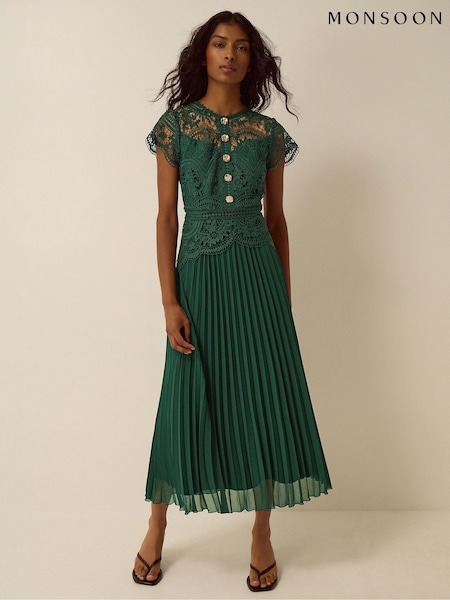 Green - Monsoon Mila Lace Pleated Midi Dress