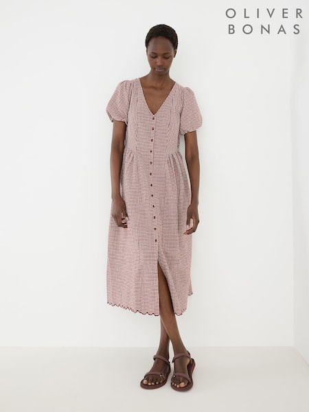 Red - Oliver Bonas Gingham Button Up V-neck Midi Dress