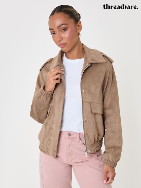 Brown - Threadbare Faux Suede Collared Bomber Jacket