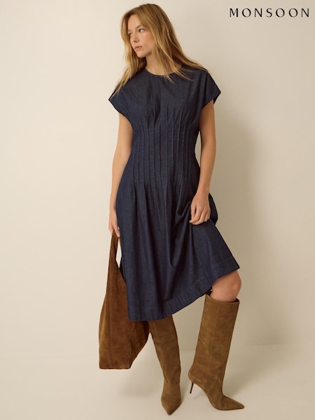 Blue - Monsoon Jasmin Pleated Denim Midi Dress