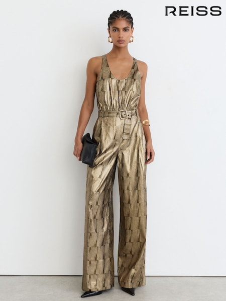 Gold - Reiss Eloise Metallic Sleeveless Belted Wide-leg Jumpsuit