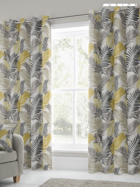 Fusion Yellow Tropical Leaves Lined Eyelet 100% Cotton Curtains (316972) | £22 - £65