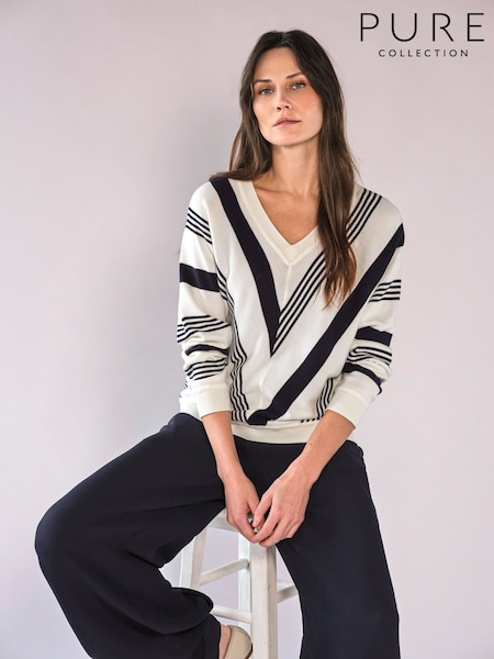 White - Pure Collection Supima Cotton Stripe Chevron Jumper