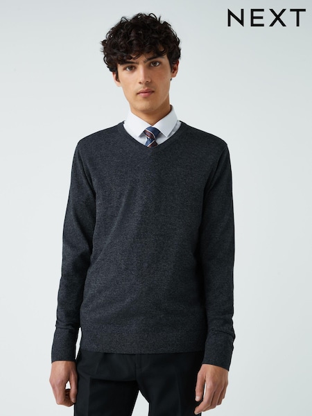 Charcoal Grey V-Neck Regular Cotton Rich Knitted Crew Neck Jumper (318865) | £7