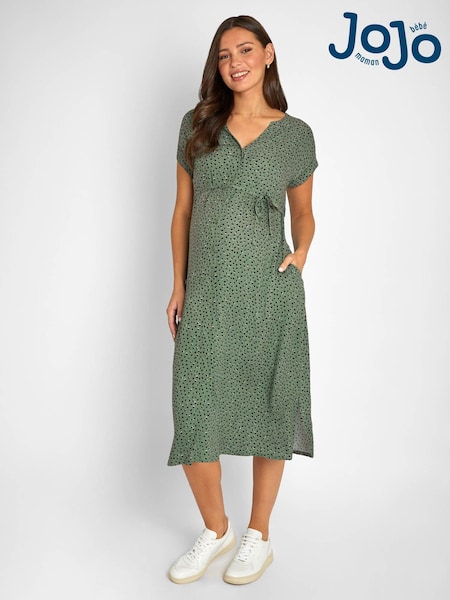 JoJo Maman Bébé Khaki Green Spot Print Button Through V-Neck Maternity Midi Dress (320612) | £49