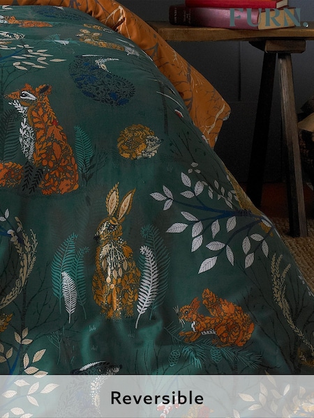 furn. Emerald Green Forest Fauna Printed Woodland Reversible Duvet Cover And Pillowcase Set (322012) | £16 - £32
