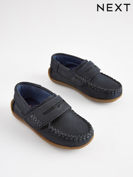 Navy Wide Fit (G) Leather Penny Loafers with Touch and Close Fastening (322473) | £26 - £30