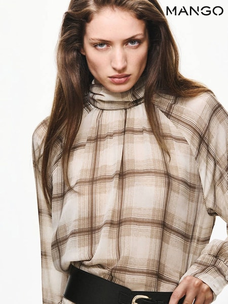 Brown - Mango Check High Neck Blouse
