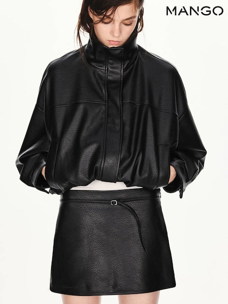 Black - Mango Embossed Pu Belted Mini Skirt