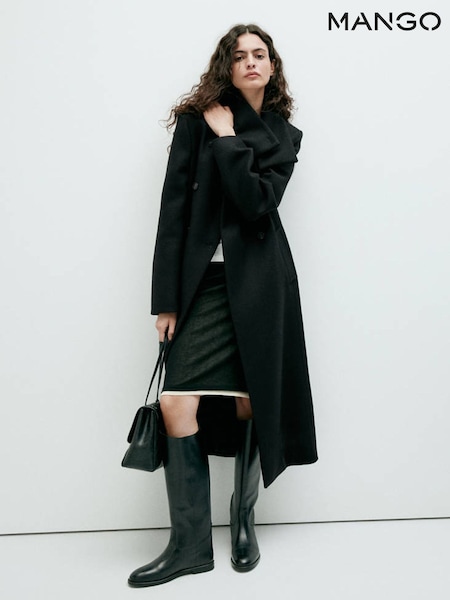 Black - Mango Wool Blend Tie Waist Coat