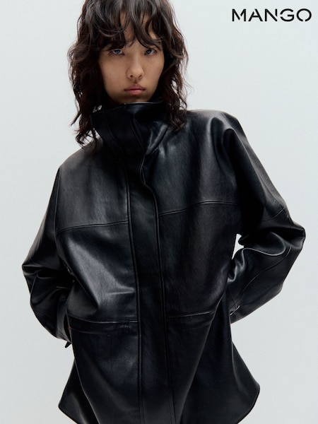 Black - Mango Pu Cinch-waist Barn Jacket