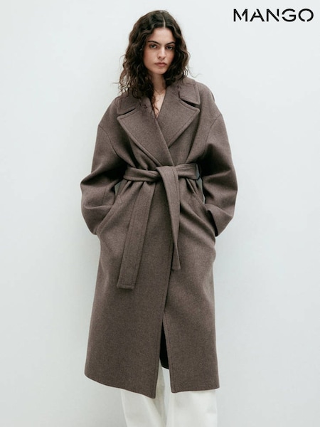 Brown - Mango Wool Blend Belted Wrap Coat