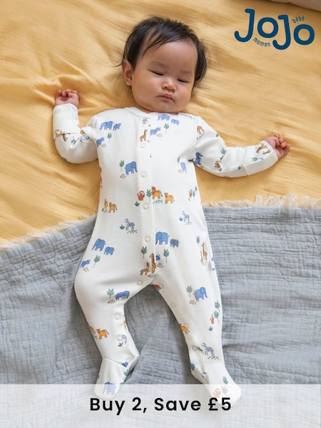 JoJo Maman Bébé Cream Safari Print Cotton Baby Sleepsuit (325547) | £20