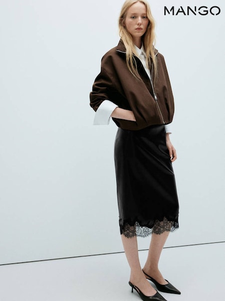Black - Mango Faux Leather Lace Trim Midi Skirt