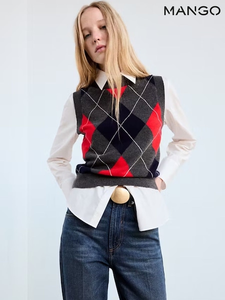 Grey - Mango Argyle Knitted Vest