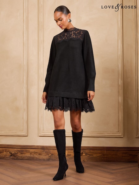 Black - Love & Roses Lace Detail Knitted Mini Dress