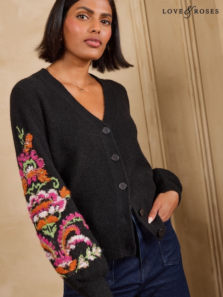 Black - Love & Roses Floral Textured Jacquard Sleeve V-neck Cosy Knitted Wool Rich Cardigan