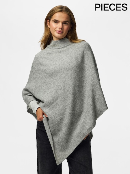 Grey - Pieces Funnel Neck Cape Poncho