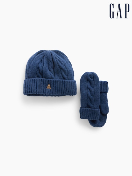 Blue - Gap Cable-knit Beanie And Mittens Set