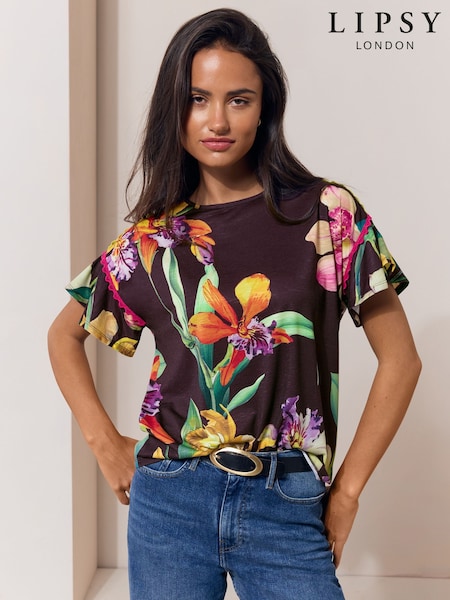 Brown Floral Printed - Lipsy Flutter Sleeve T-shirt