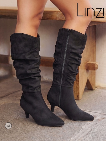 Black - Linzi Assured Wide Fit Ruched Kitten Heel High Leg Boots