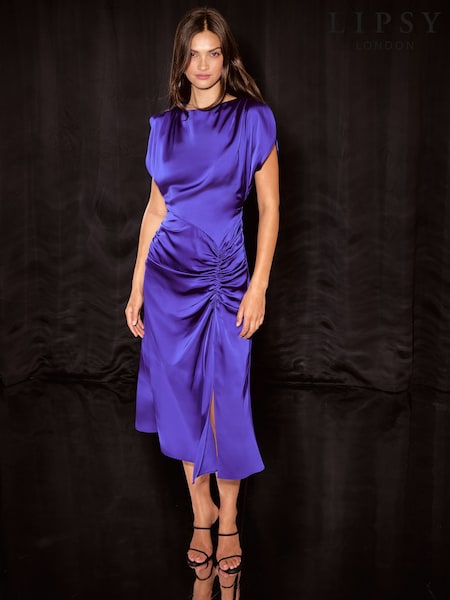 Cobalt Blue - Lipsy Satin Ruched Short Sleeve Fit And Flare Maxi Dress