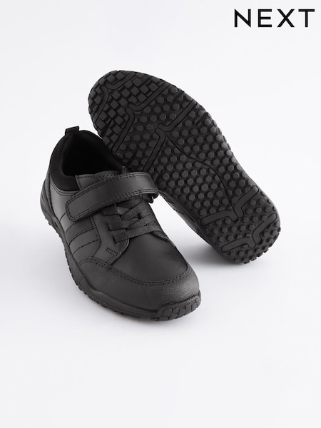Black Narrow Fit (E) School Leather Elastic Lace Shoes (333355) | £28 - £36