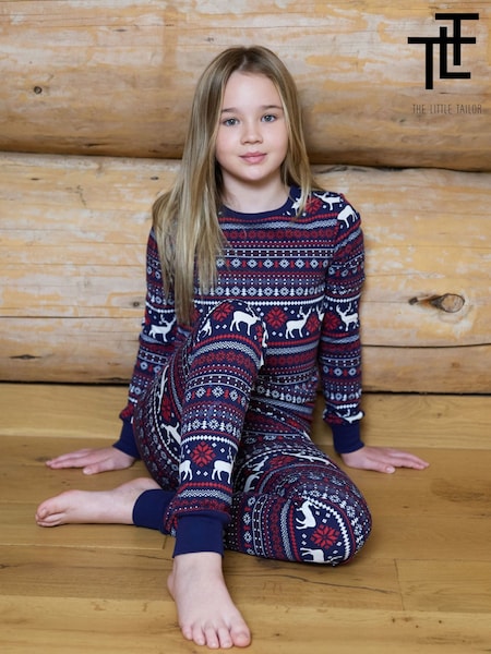 Blue - The Little Tailor Cotton Reindeer Fairisle Pattern Christmas Pyjamas