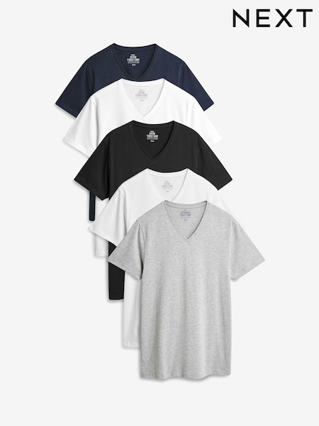 Mixed Regular Fit 100% Cotton V-Neck Layering T-Shirts 5 Pack (334333) | £37