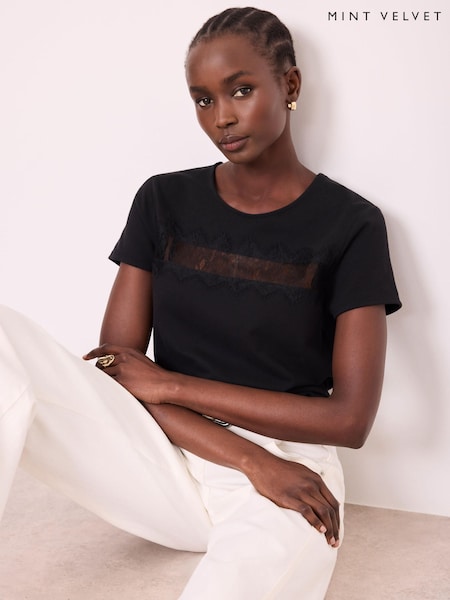 Black - Mint Velvet Lace Trim T-shirt