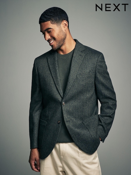 Khaki Green Regular Fit Wool Rich Herringbone Blazer (334713) | £99