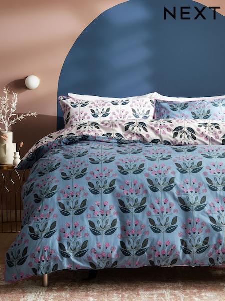 Blue 100% Cotton Reversible Floral with Pipe Edge Duvet Cover and Pillowcase Set (335343) | £25 - £55