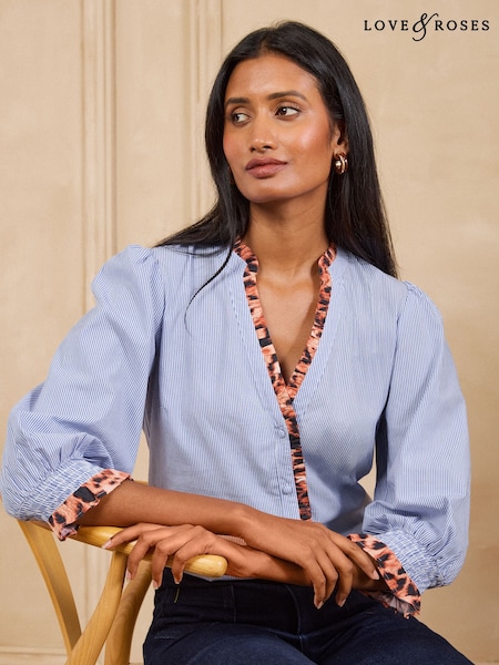 Blue Stripe - Love & Roses Button Through 3/4 Sleeve Blouse