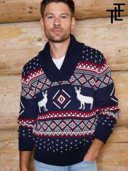 Blue - Regular The Little Tailor Premium Cotton Reindeer Shawl Neck Christmas Jumper
