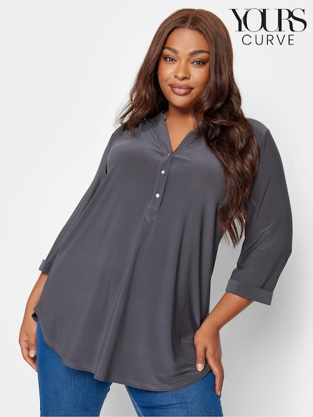 Yours Curve Grey Half Placket Jersey Top (336587) | £25