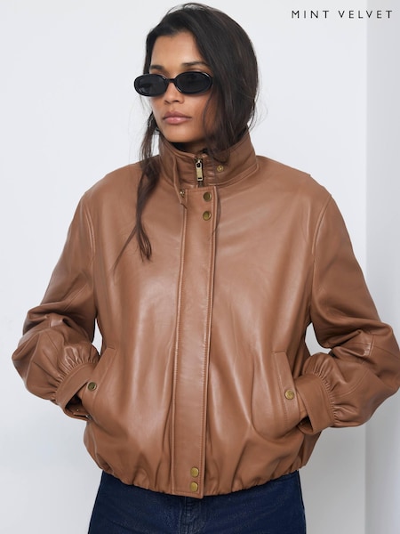 Brown - Mint Velvet Funnel Neck Leather Jacket