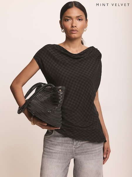 Black - Mint Velvet Checked Satin Drape Detail Top