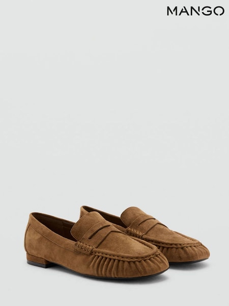 Brown - Mango Suede Ruched Loafers