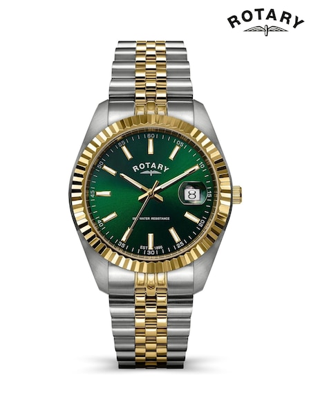 Silver - Regular Rotary Green Dial Two Tone Stainless Steel Bracelet Watch