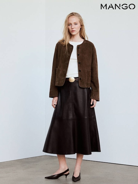 Brown - Mango Faux Leather Midi A Line Skirt