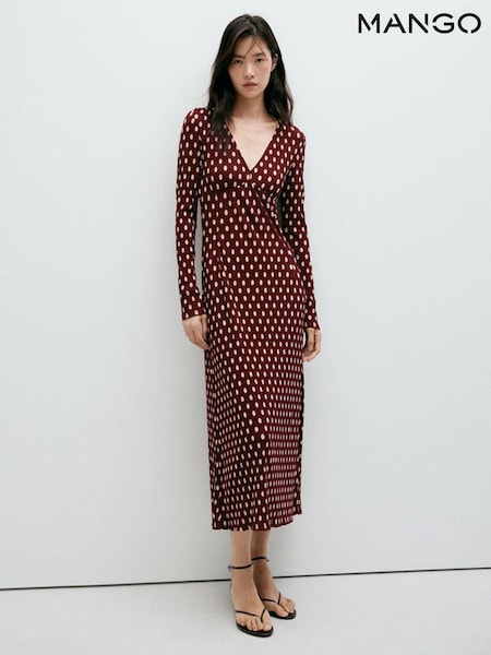 Red - Mango Polka Dot Ribbed V-neck Maxi Dress