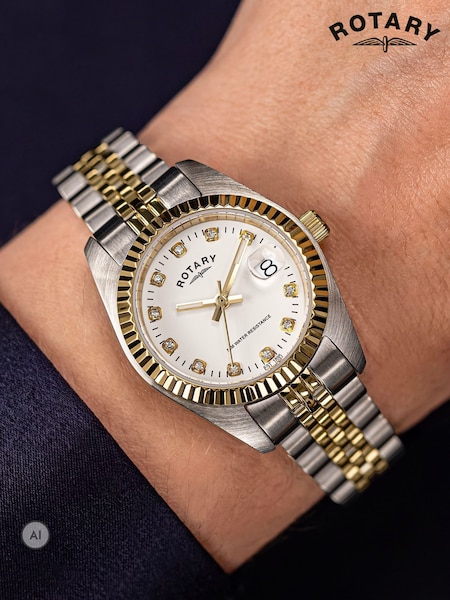 Silver - Rotary Cocktail Stone Set Dial Two Tone Plated Stainless Steel Bracelet Watch
