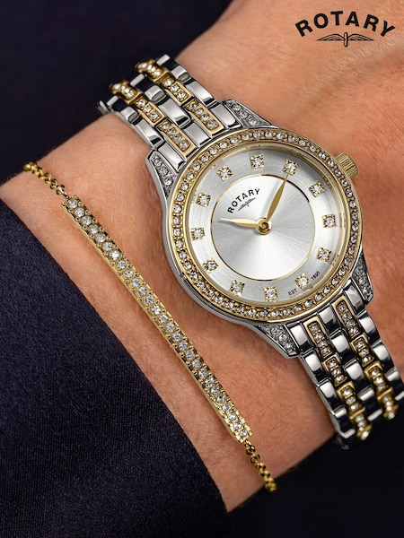 Silver - Rotary Two Tone Stainless Steel Watch & Stone Set Bracelet Set